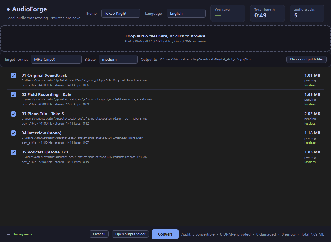 AudioForge showing five imported tracks with codec, sample rate, channels and duration