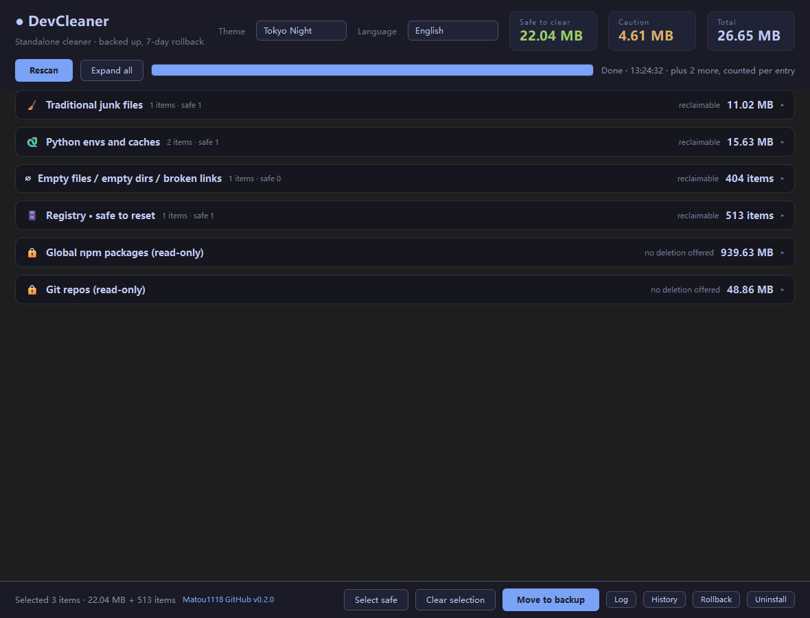 DevCleaner showing all ten categories in one screen, 2.02 GB reclaimable